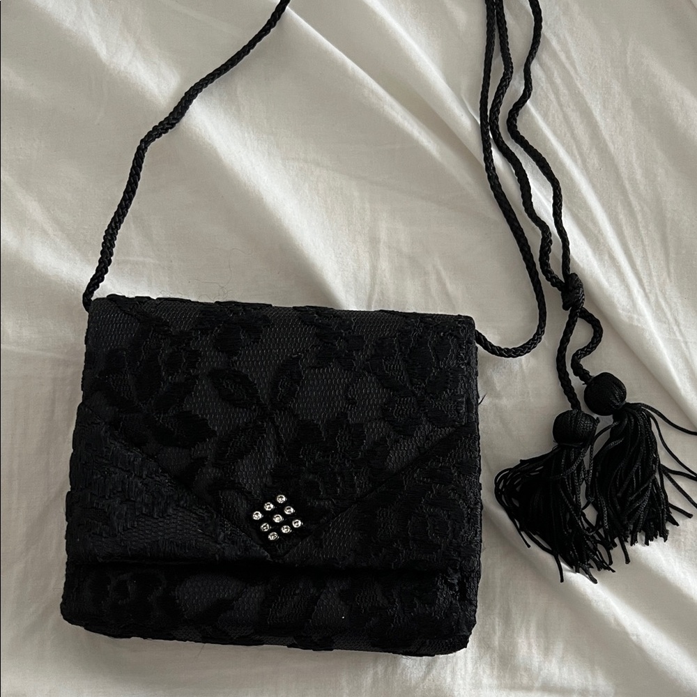 Vintage La Regale Black Lace Purse with Rhinestone Accent